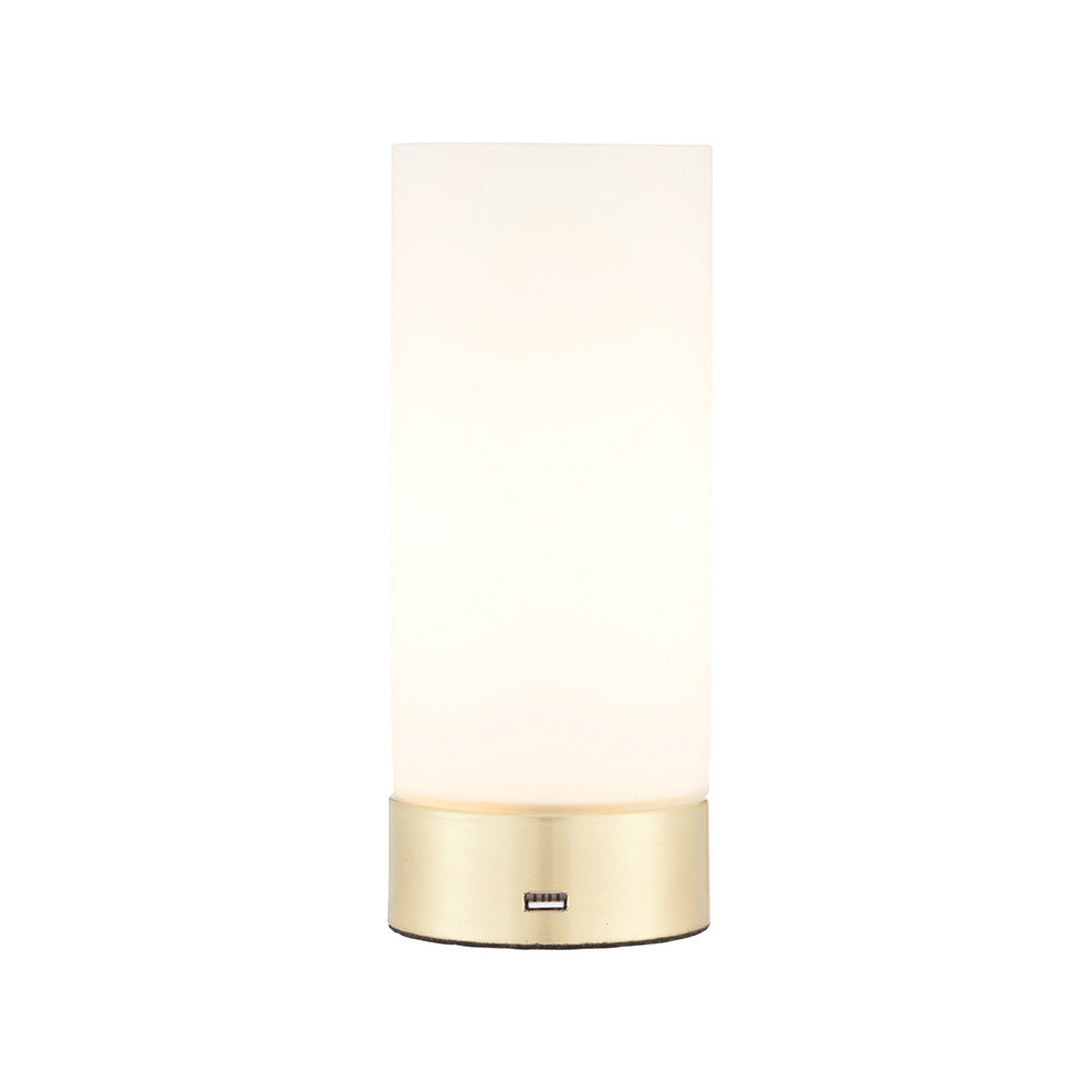 Endon Dara Single Light USB Table Lamp - Brushed Brass Plate & Opal Glass