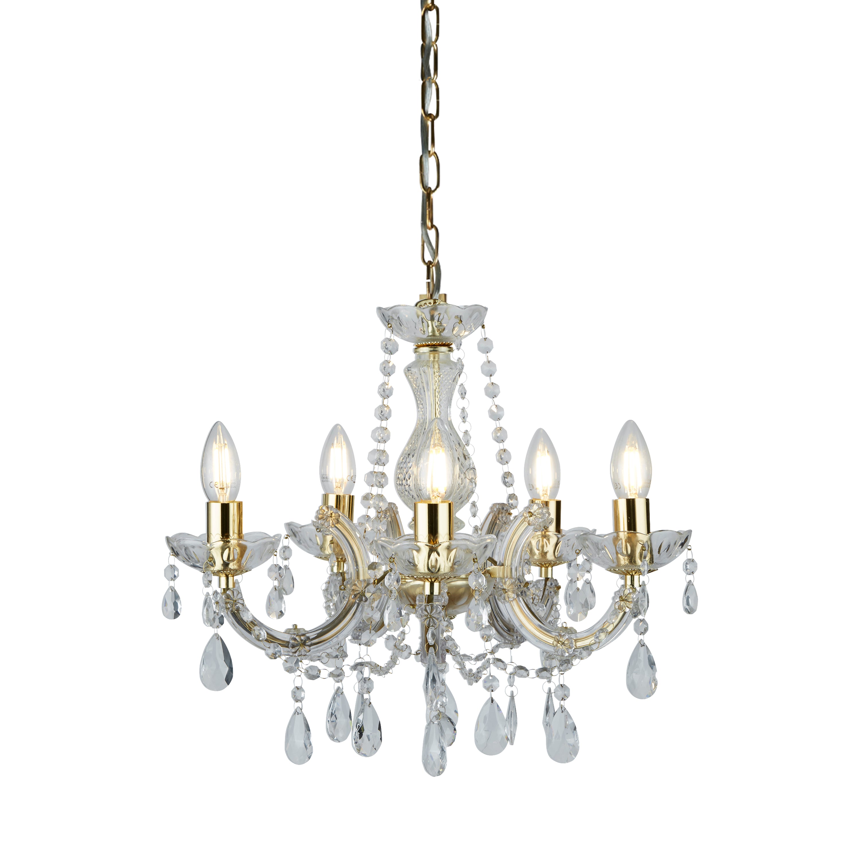 Searchlight Maple 5 Light Chandelier - Polished Brass & Clear Crystal Glass