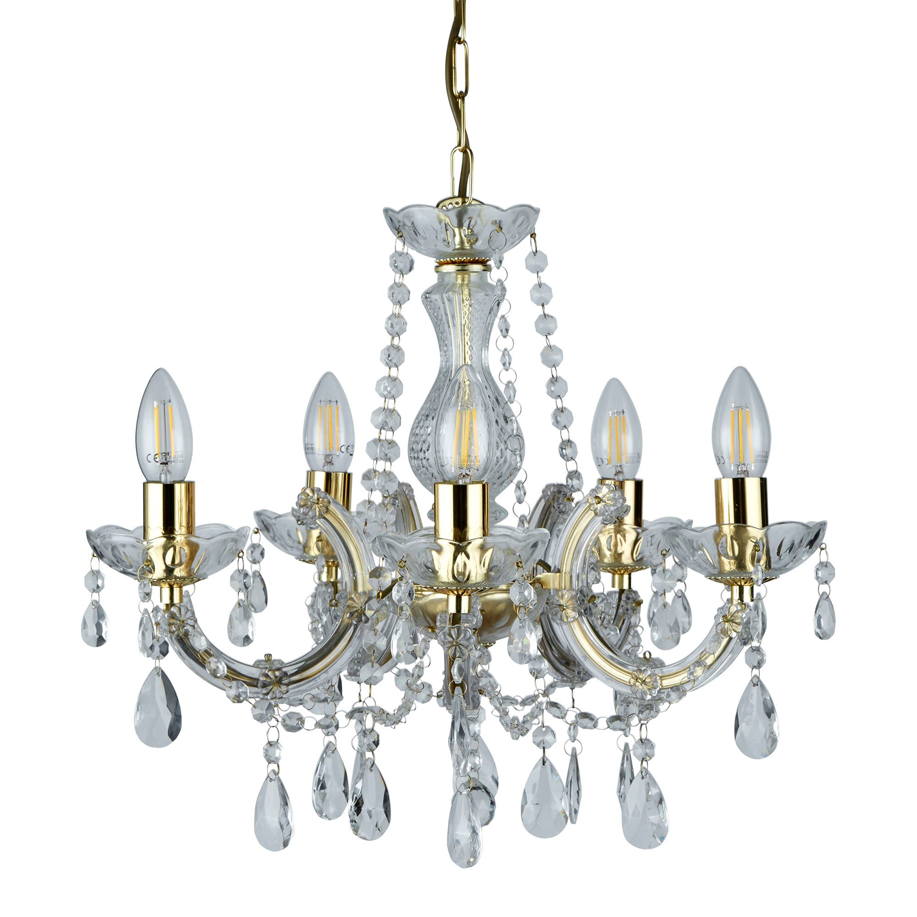 Searchlight Maple 5 Light Chandelier - Polished Brass & Clear Crystal Glass