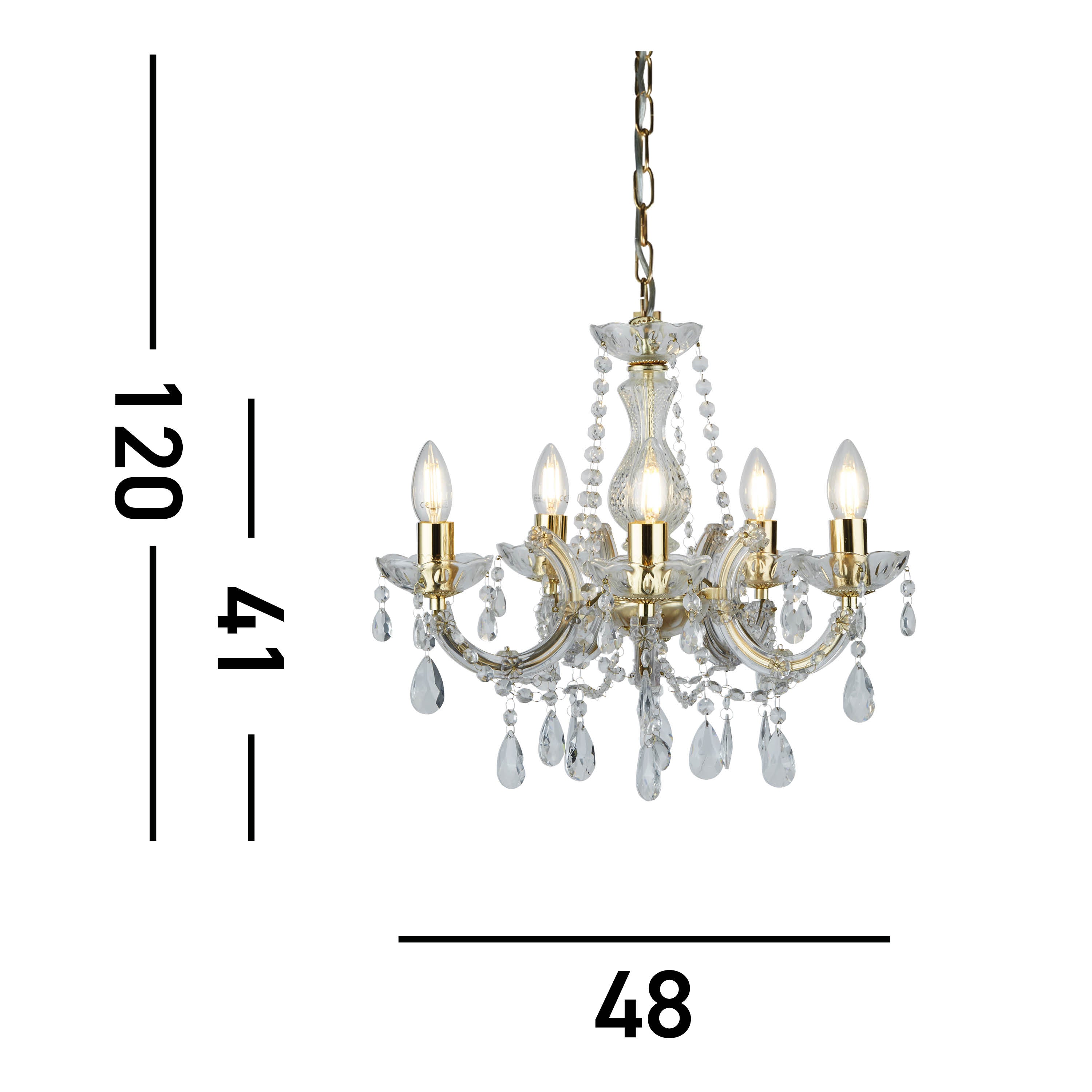 Searchlight Maple 5 Light Chandelier - Polished Brass & Clear Crystal Glass