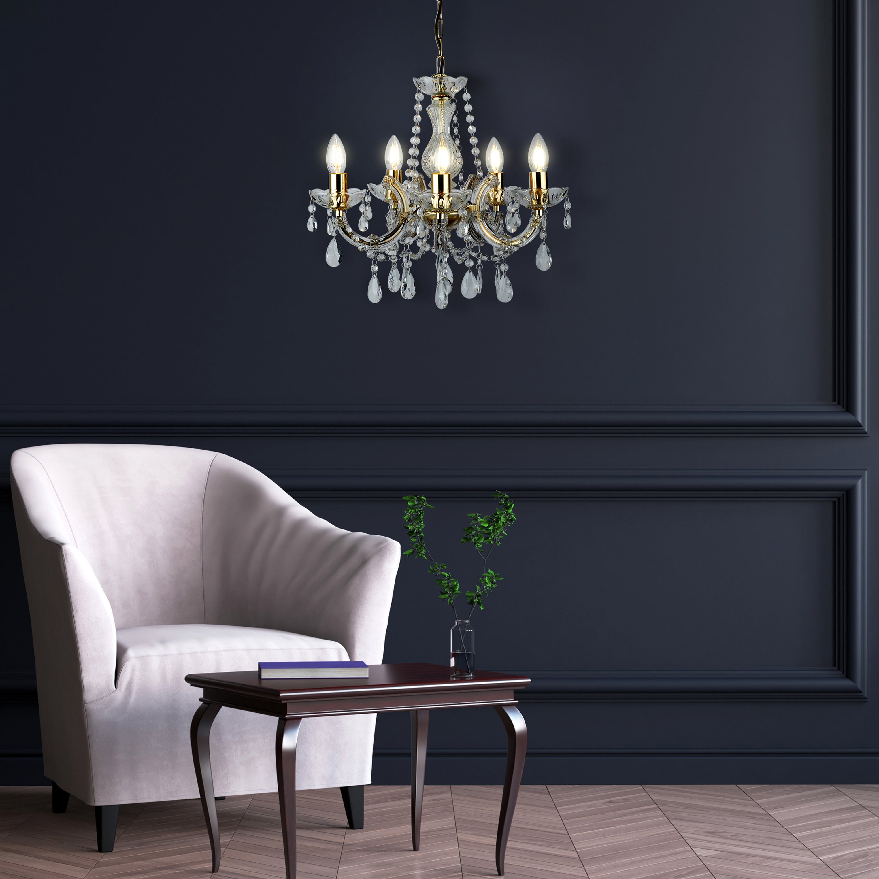 Searchlight Maple 5 Light Chandelier - Polished Brass & Clear Crystal Glass