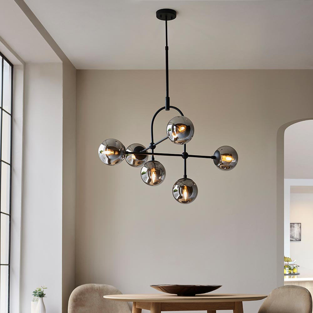 Utopia Sphere 6 Light Semi-Flush Fitting - Matt Black & Smoked Mirror Glass