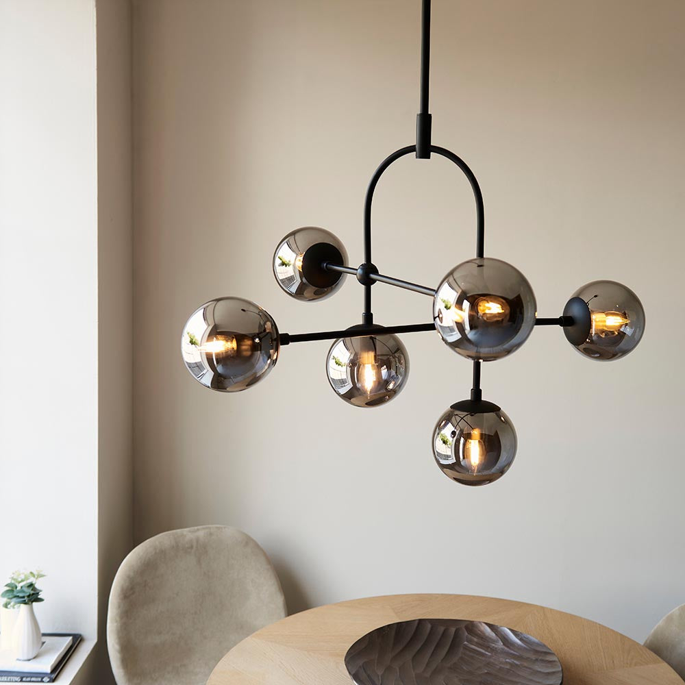 Utopia Sphere 6 Light Semi-Flush Fitting - Matt Black & Smoked Mirror Glass
