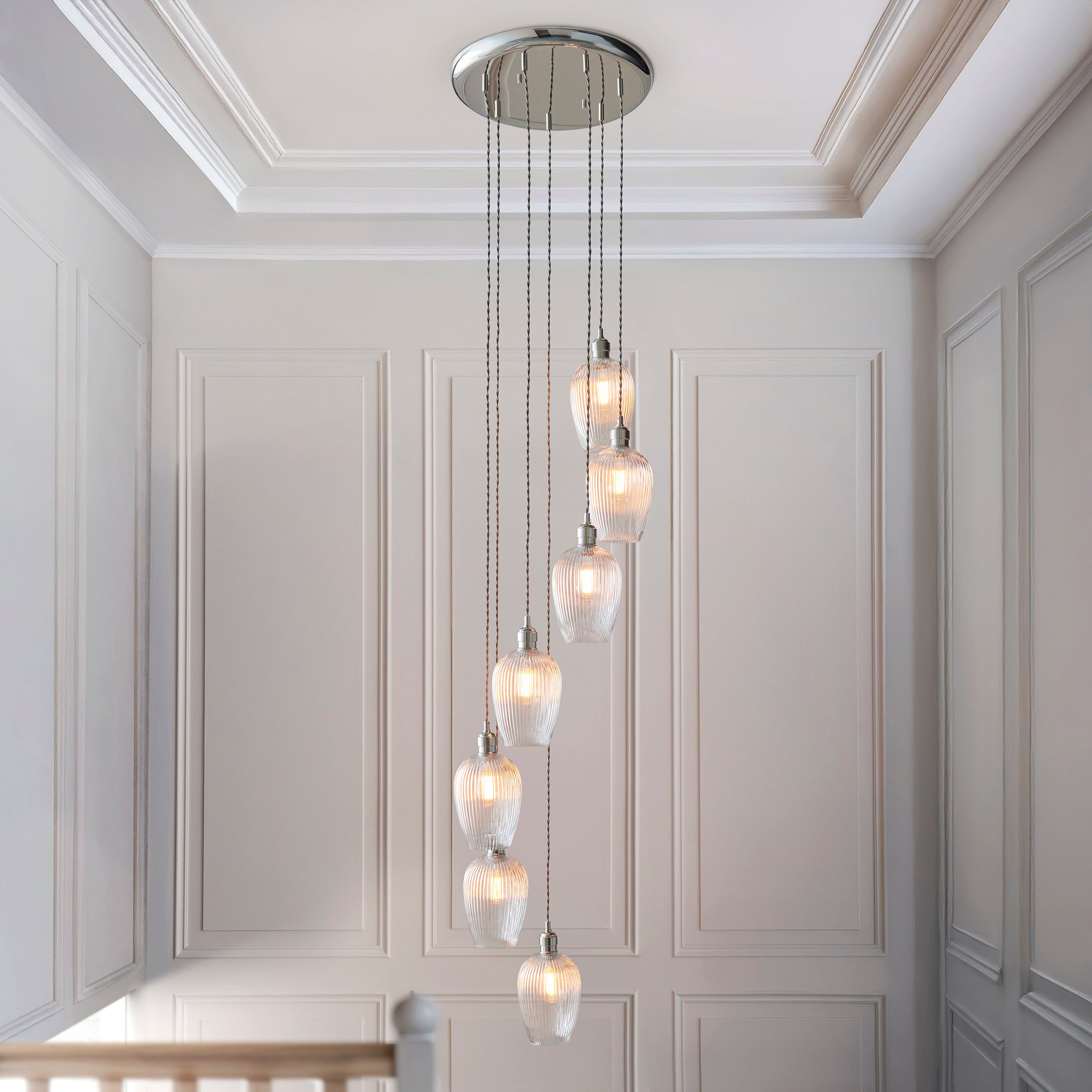 Utopia Finesse 7 Light Cascade Ceiling Pendant - Bright Nickel & Clear Ribbed Glass