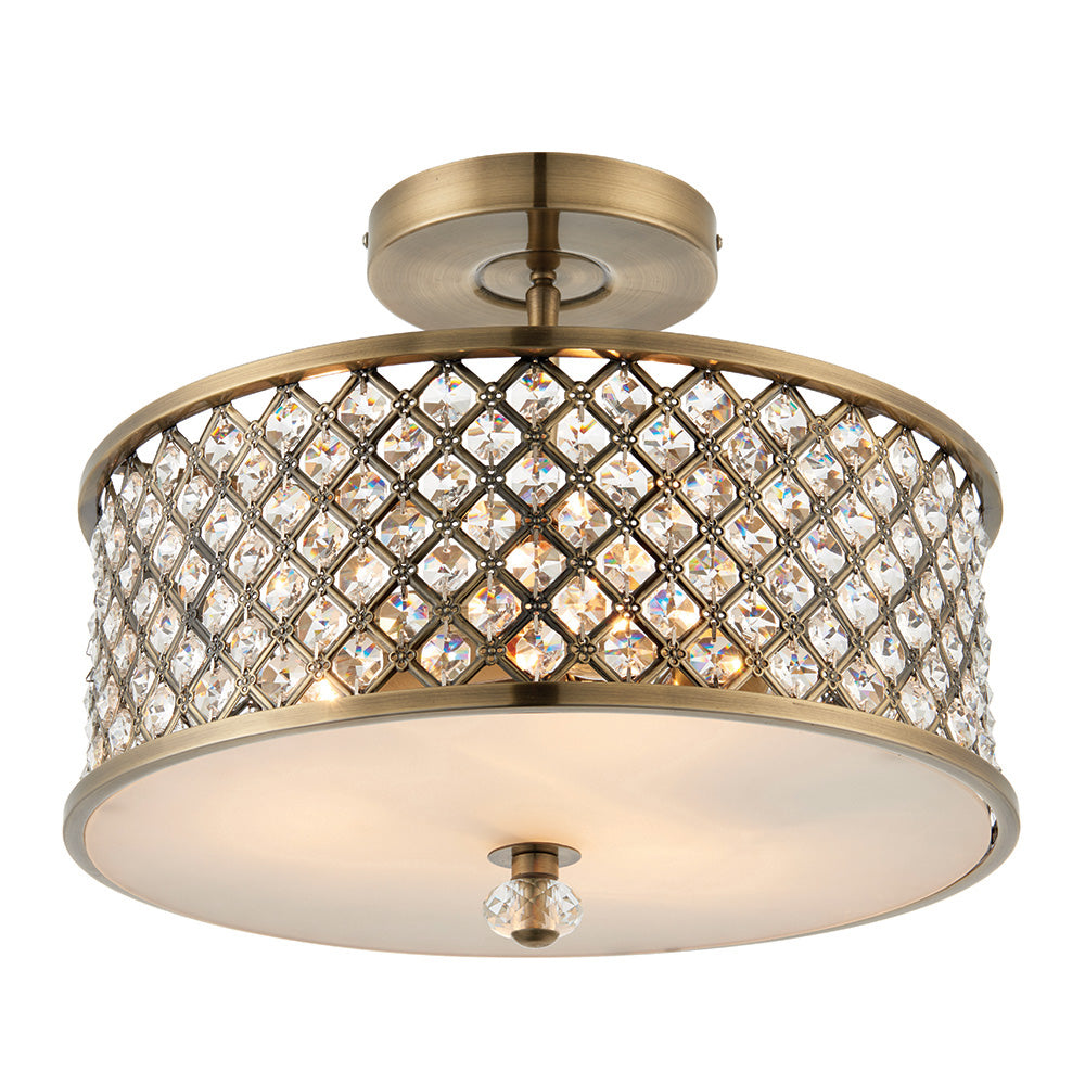 Endon Hudson 3 Light Flush Fitting - Antique Brass Plate & Clear Crystal