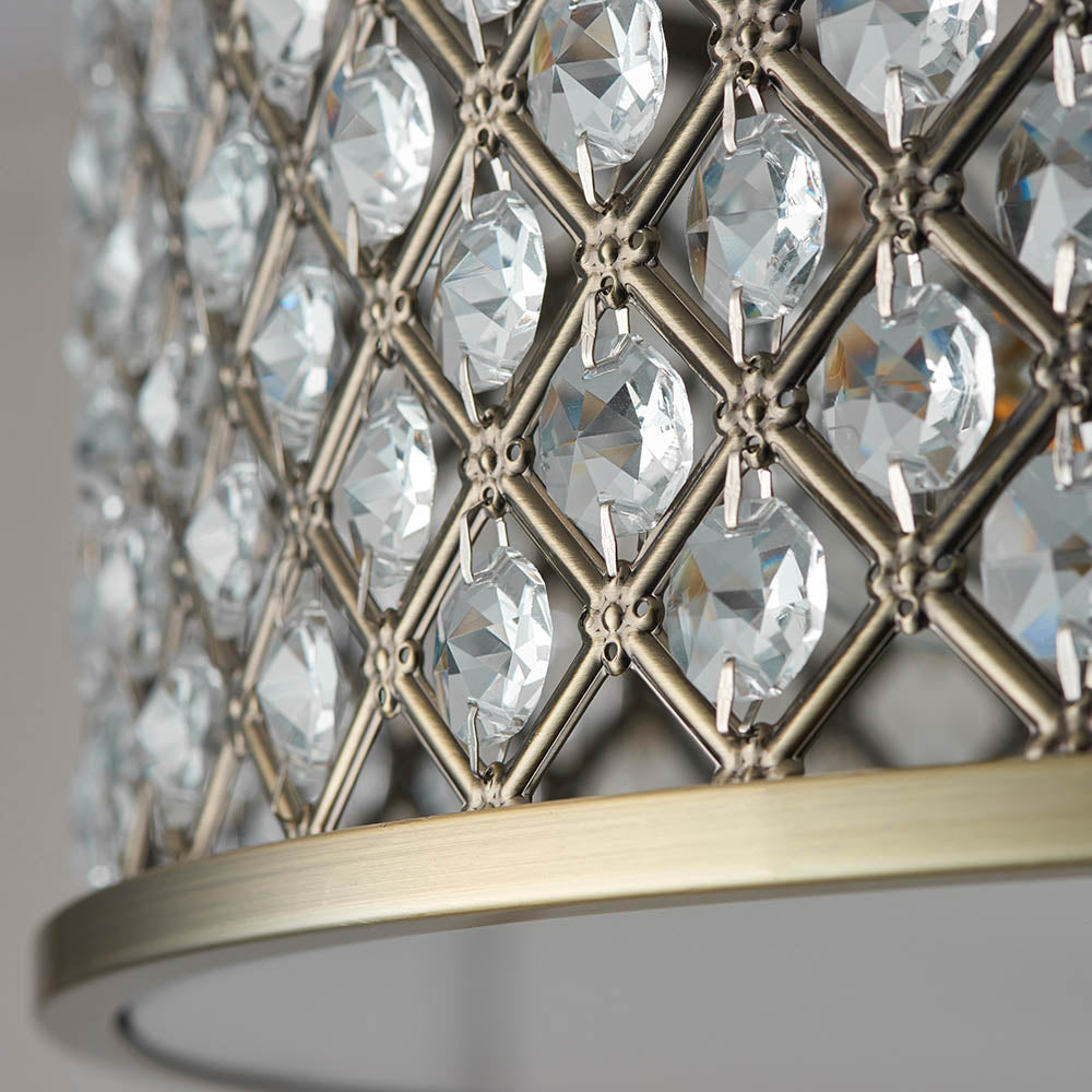 Endon Hudson 3 Light Flush Fitting - Antique Brass Plate & Clear Crystal