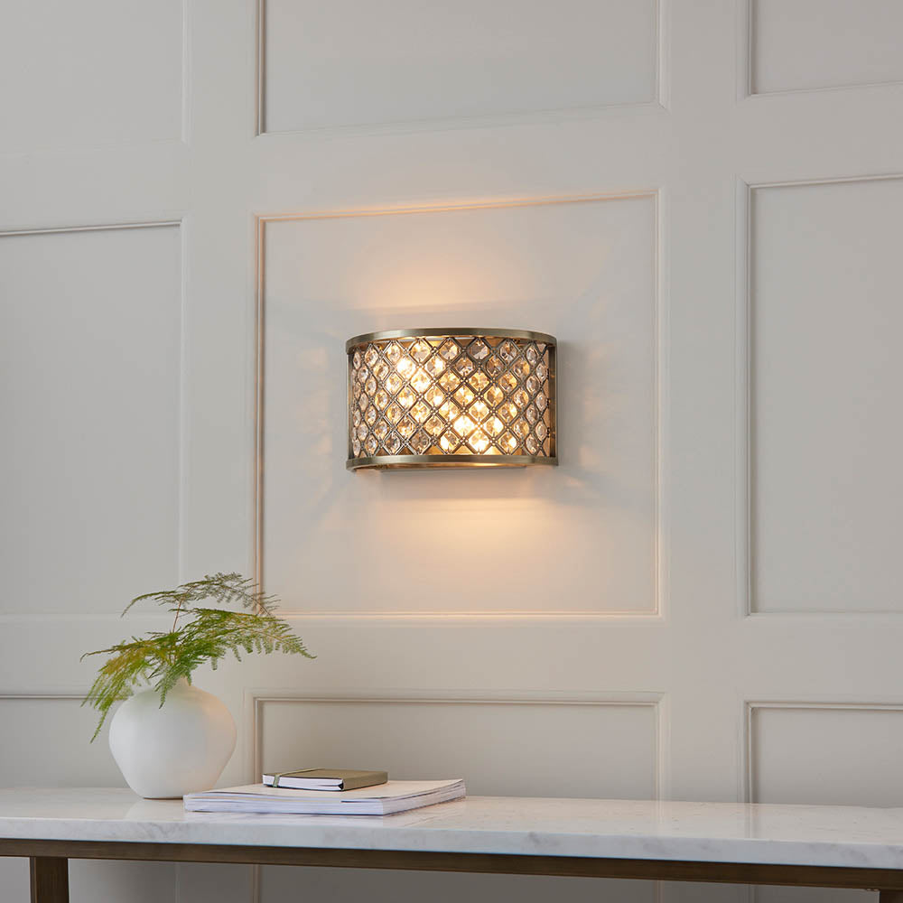 Endon Hudson 2 Light Wall Light - Antique Brass Plate & Clear Crystal