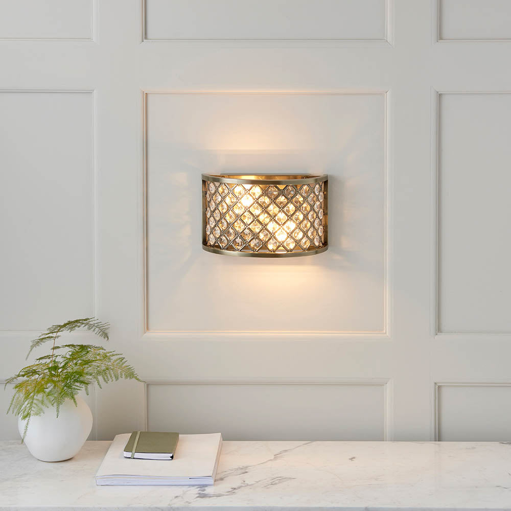 Endon Hudson 2 Light Wall Light - Antique Brass Plate & Clear Crystal