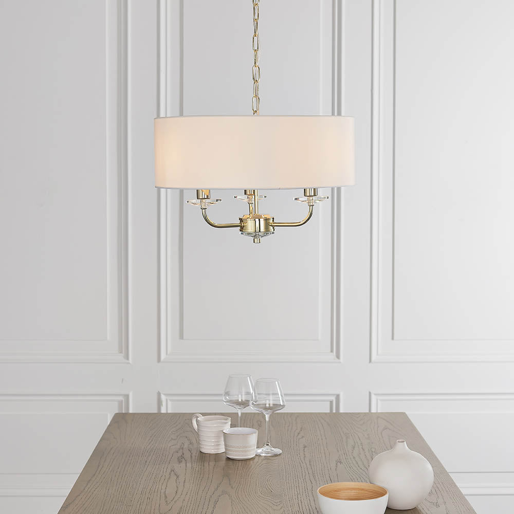 Endon Nixon 3 Light Pendant - Brass Plate & Vintage White Fabric