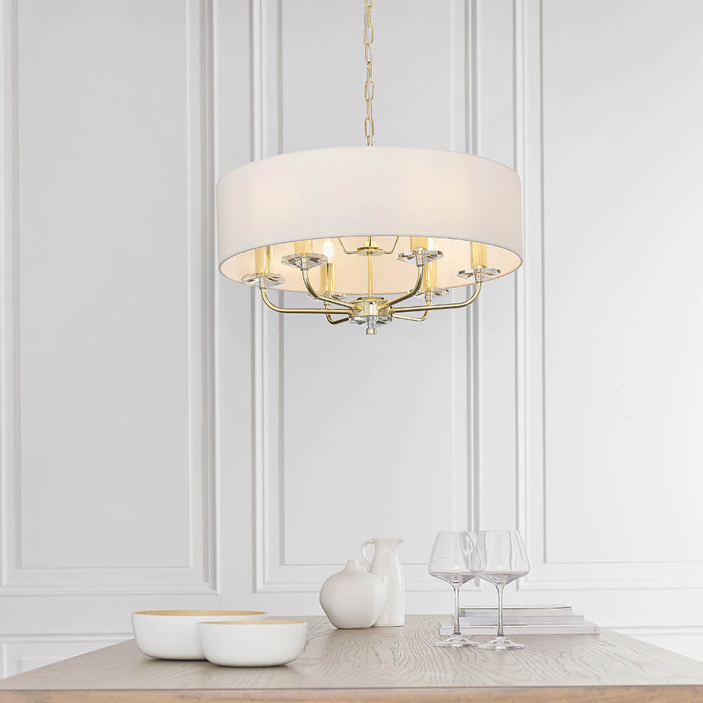 Endon Nixon 6 Light Pendant - Brass Plate & Vintage White Fabric
