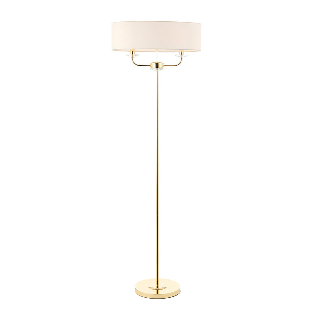 Endon Nixon 2 Light Floor Lamp - Brass Plate & Vintage White Fabric