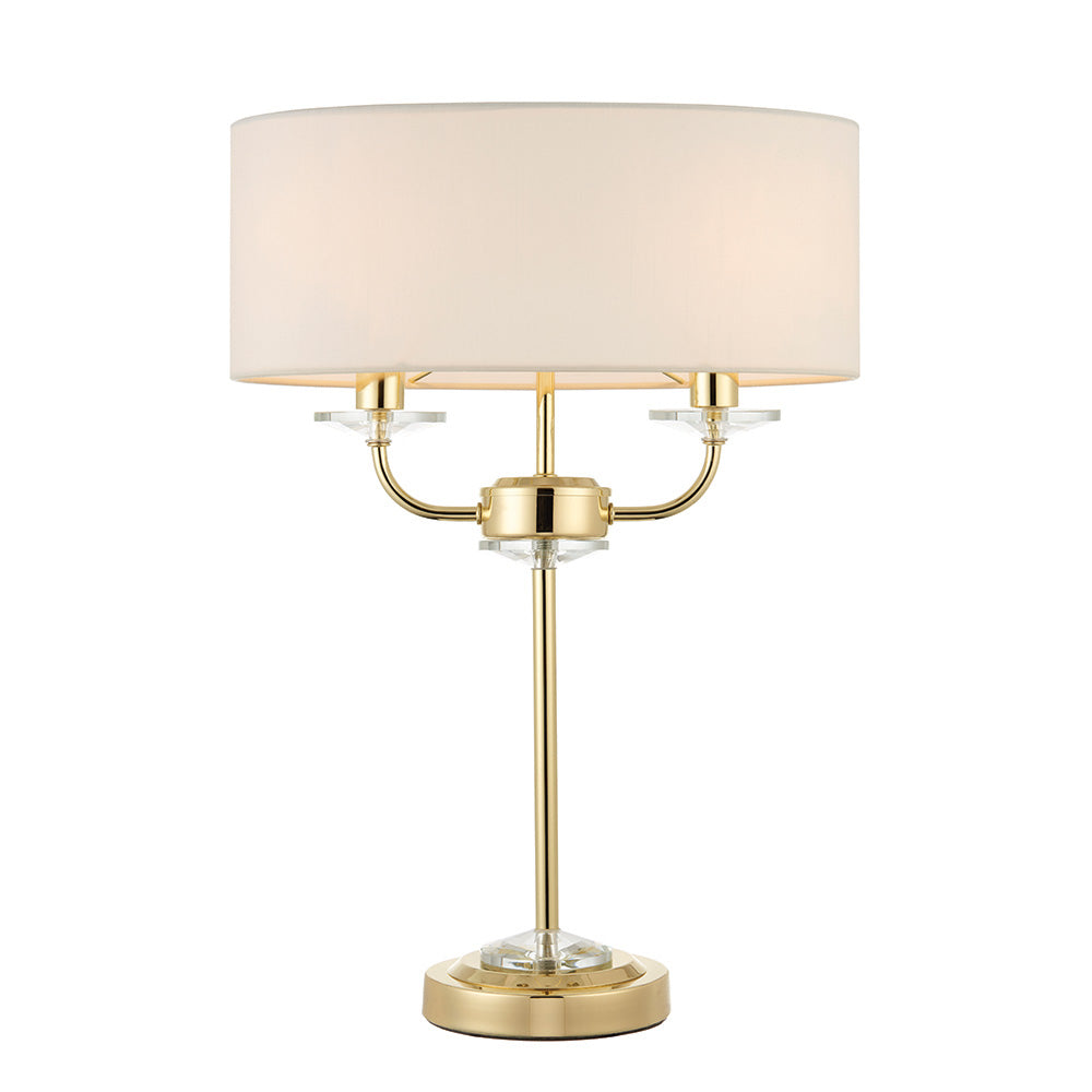 Endon Nixon 2 Light Table Lamp - Brass Plate & Vintage White Fabric