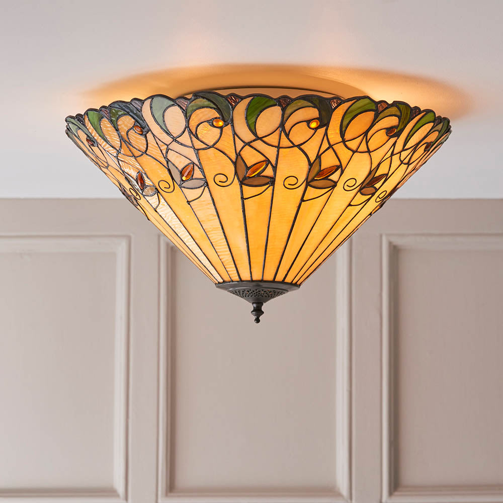 Interiors 1900 Jamelia Large 2 Light Flush Fitting Pendant -Handcrafted Tiffany Style Glass