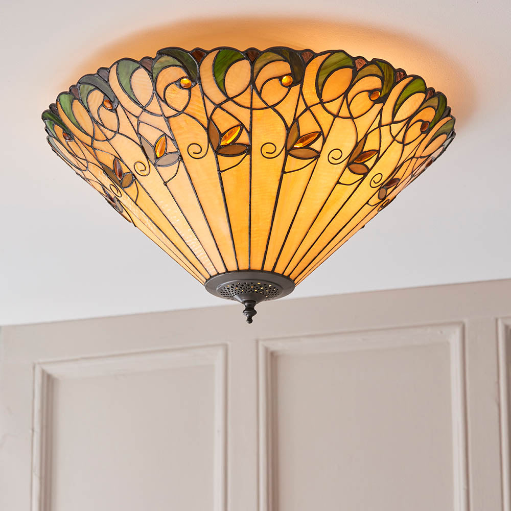 Interiors 1900 Jamelia Large 2 Light Flush Fitting Pendant -Handcrafted Tiffany Style Glass