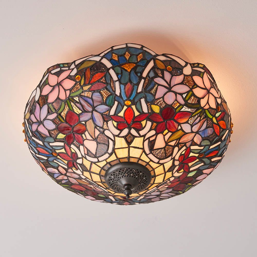 Interiors 1900 Sullivan Medium 2 Light Flush Fitting Pendant -Handcrafted Tiffany Style Glass