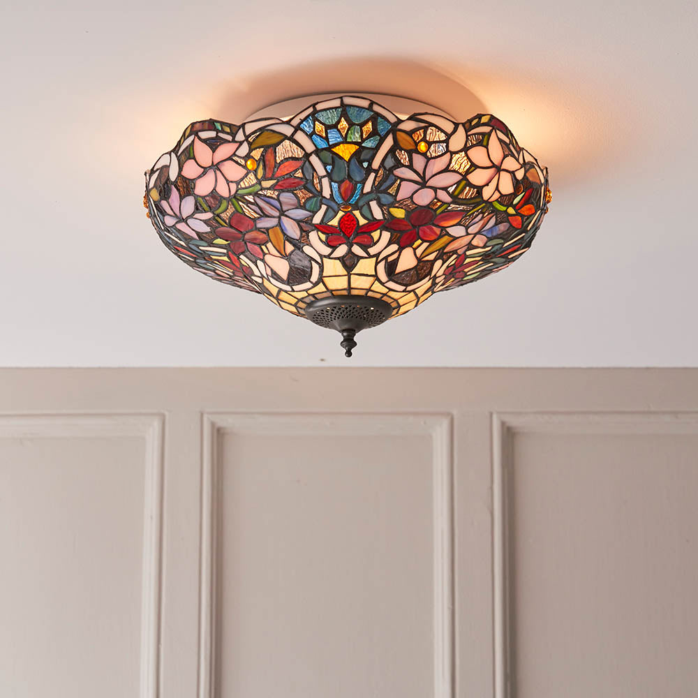 Interiors 1900 Sullivan Medium 2 Light Flush Fitting Pendant -Handcrafted Tiffany Style Glass