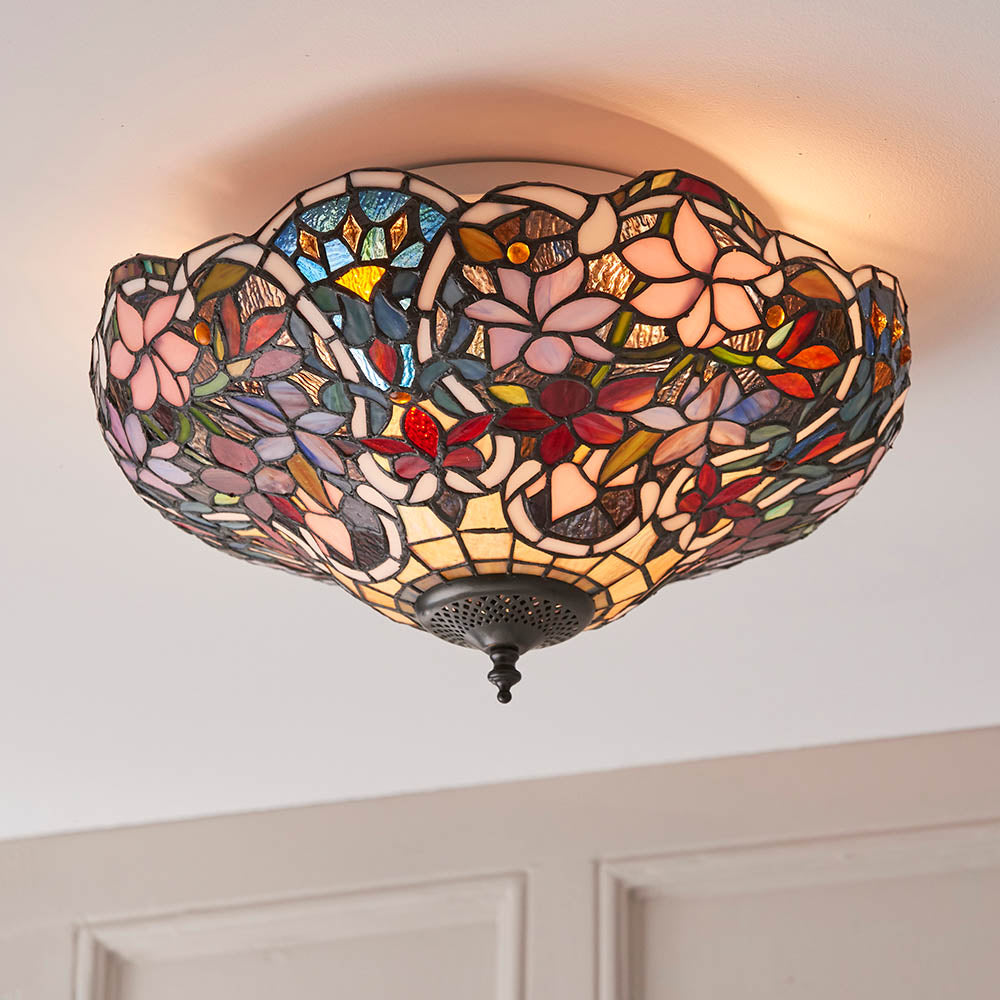 Interiors 1900 Sullivan Medium 2 Light Flush Fitting Pendant -Handcrafted Tiffany Style Glass