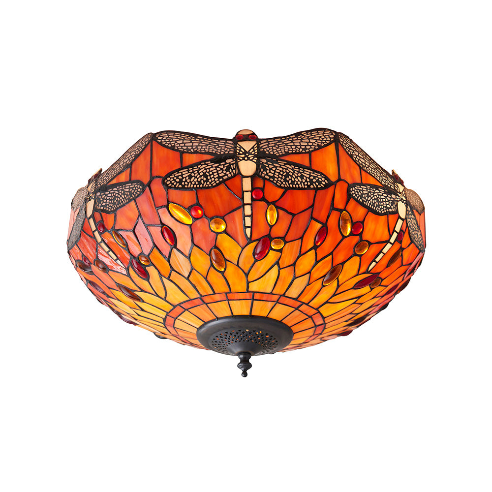 Interiors 1900 Dragonfly Flame Medium 2 Light Flush Fitting Pendant -Handcrafted Tiffany Style Glass
