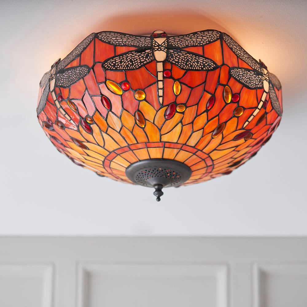 Interiors 1900 Dragonfly Flame Medium 2 Light Flush Fitting Pendant -Handcrafted Tiffany Style Glass
