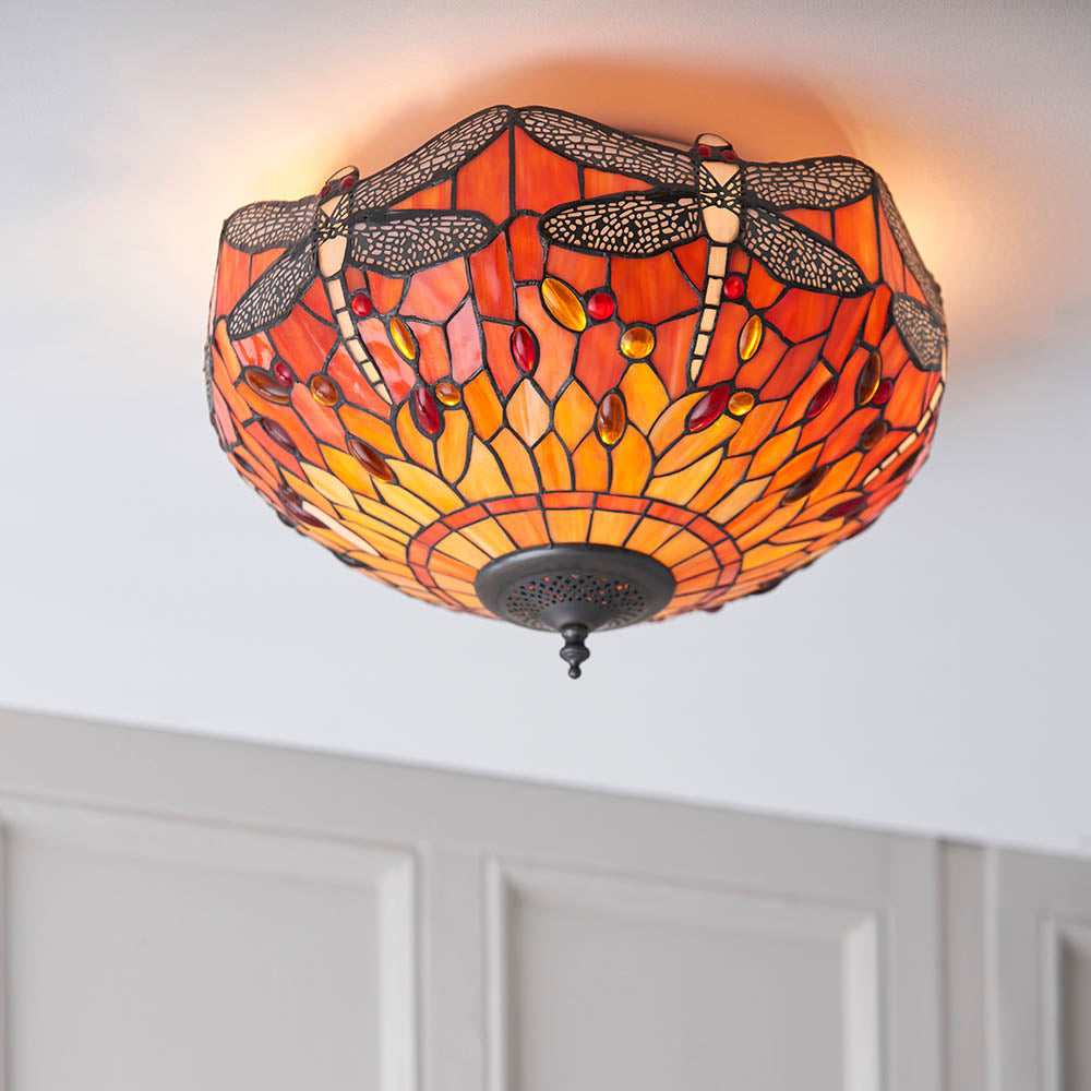 Interiors 1900 Dragonfly Flame Medium 2 Light Flush Fitting Pendant -Handcrafted Tiffany Style Glass