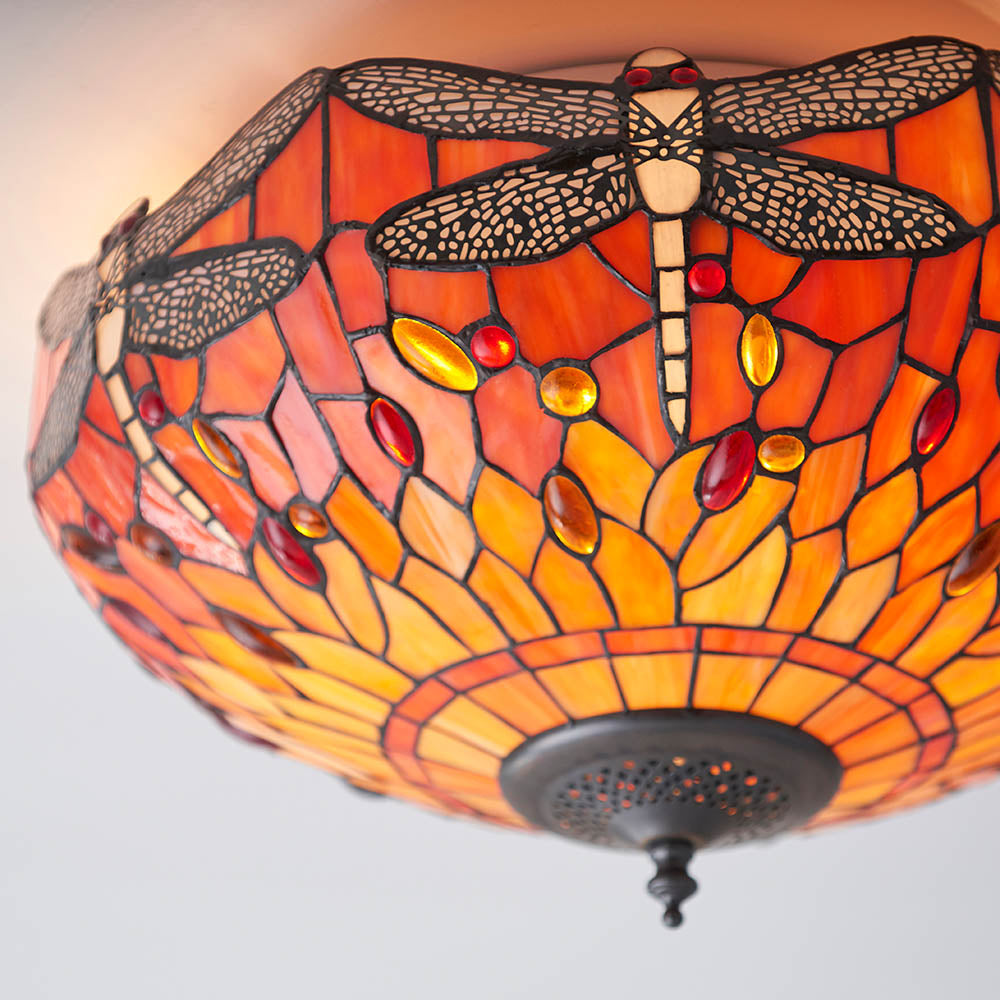 Interiors 1900 Dragonfly Flame Medium 2 Light Flush Fitting Pendant -Handcrafted Tiffany Style Glass