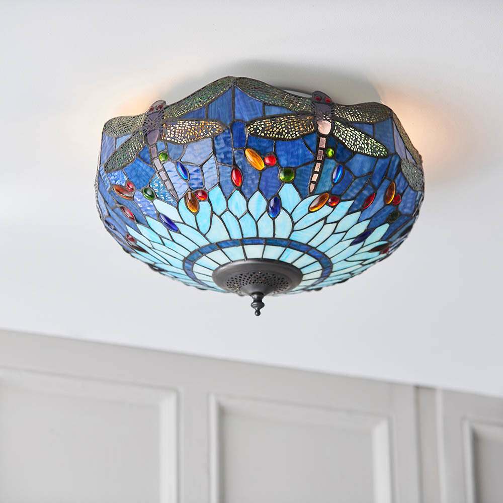 Interiors 1900 Dragonfly Blue Medium 2 Light Flush Fitting - Tiffany Glass