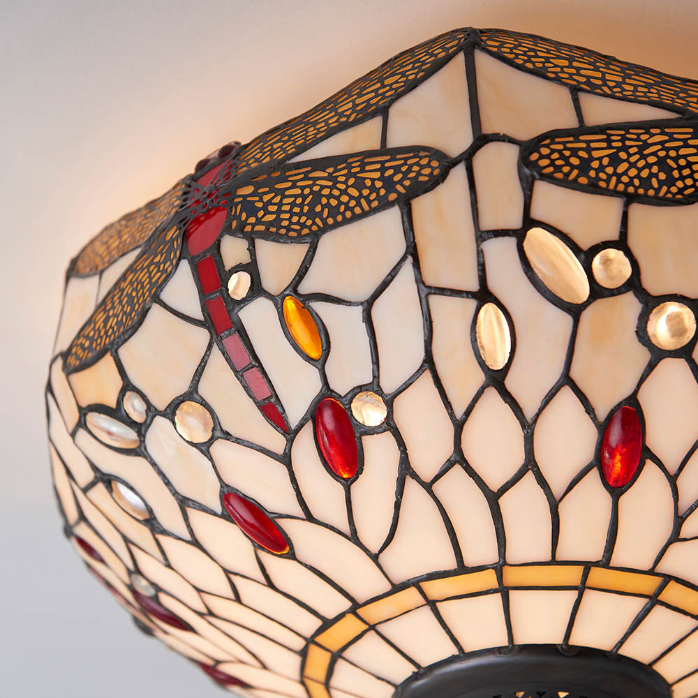 Interiors 1900 Dragonfly Beige Medium 2 Light Flush Fitting Pendant -Handcrafted Tiffany Style Glass
