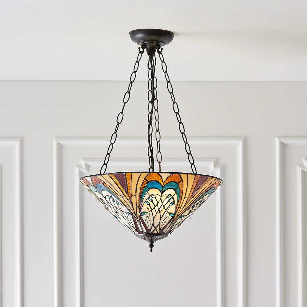 Interiors 1900 Hector Medium Inverted 3 Light Pendant - Handcrafted Tiffany Style Glass