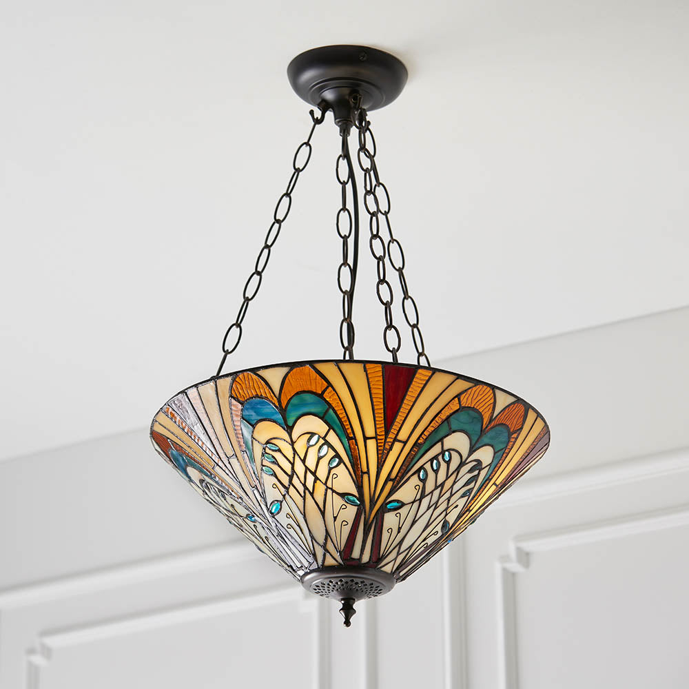 Interiors 1900 Hector Medium Inverted 3 Light Pendant - Handcrafted Tiffany Style Glass