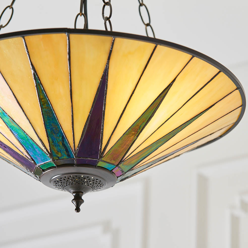 Interiors 1900 Dark Star Large Inverted 3 Light Pendant - Handcrafted Tiffany Style Glass