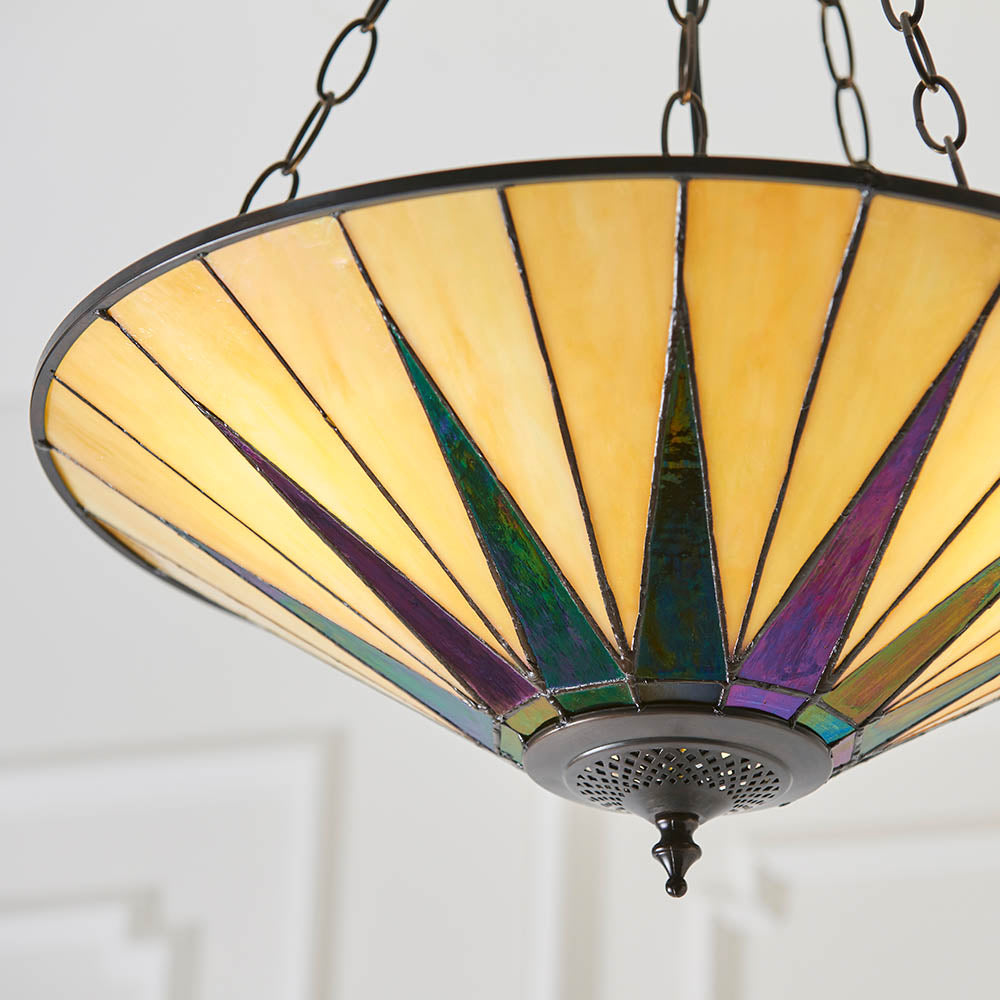 Interiors 1900 Dark Star Large Inverted 3 Light Pendant - Handcrafted Tiffany Style Glass