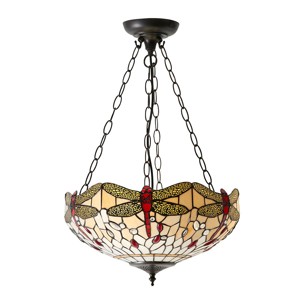 Interiors 1900 Dragonfly Beige Medium Inverted 3 Light Pendant - Tiffany Glass
