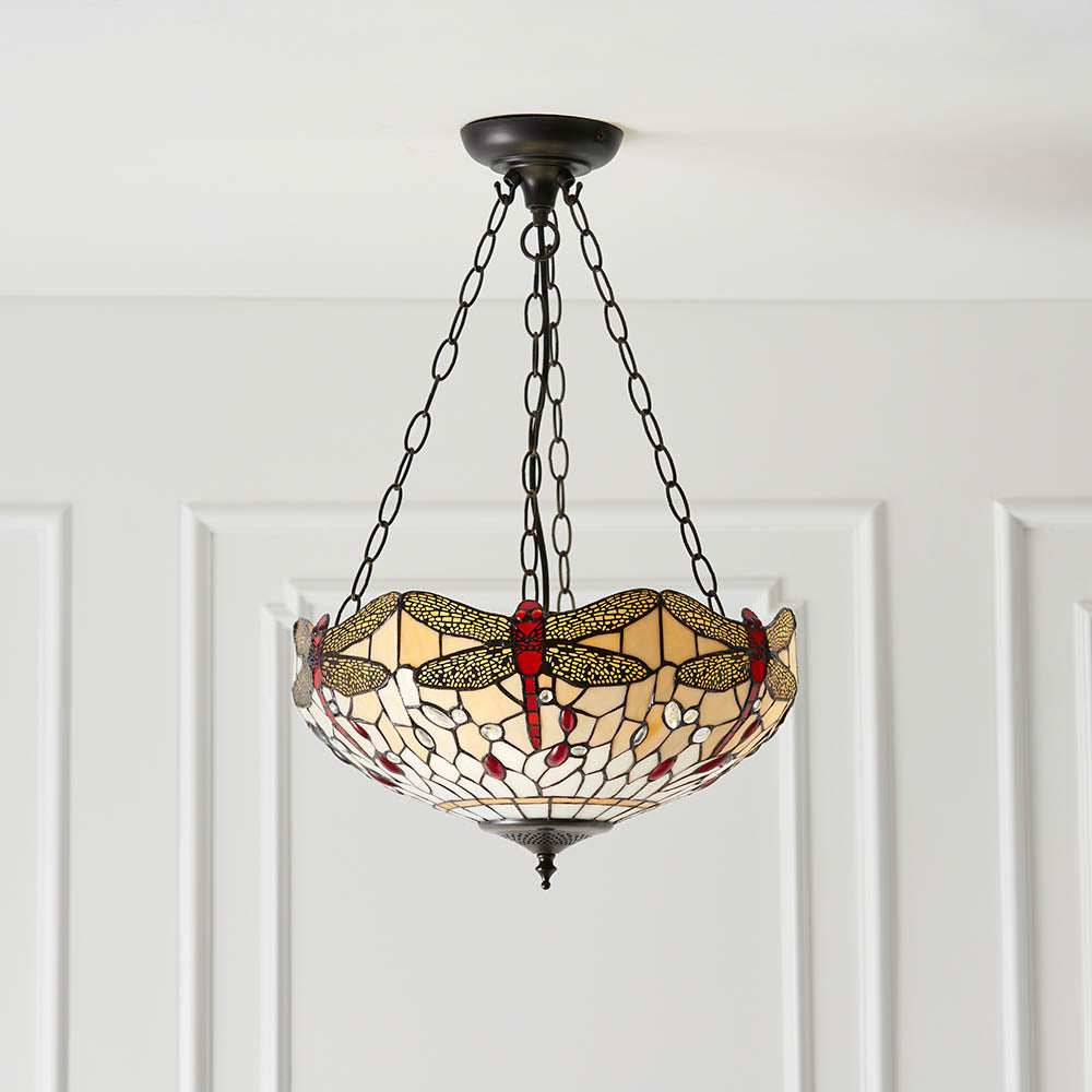 Interiors 1900 Dragonfly Beige Medium Inverted 3 Light Pendant - Tiffany Glass