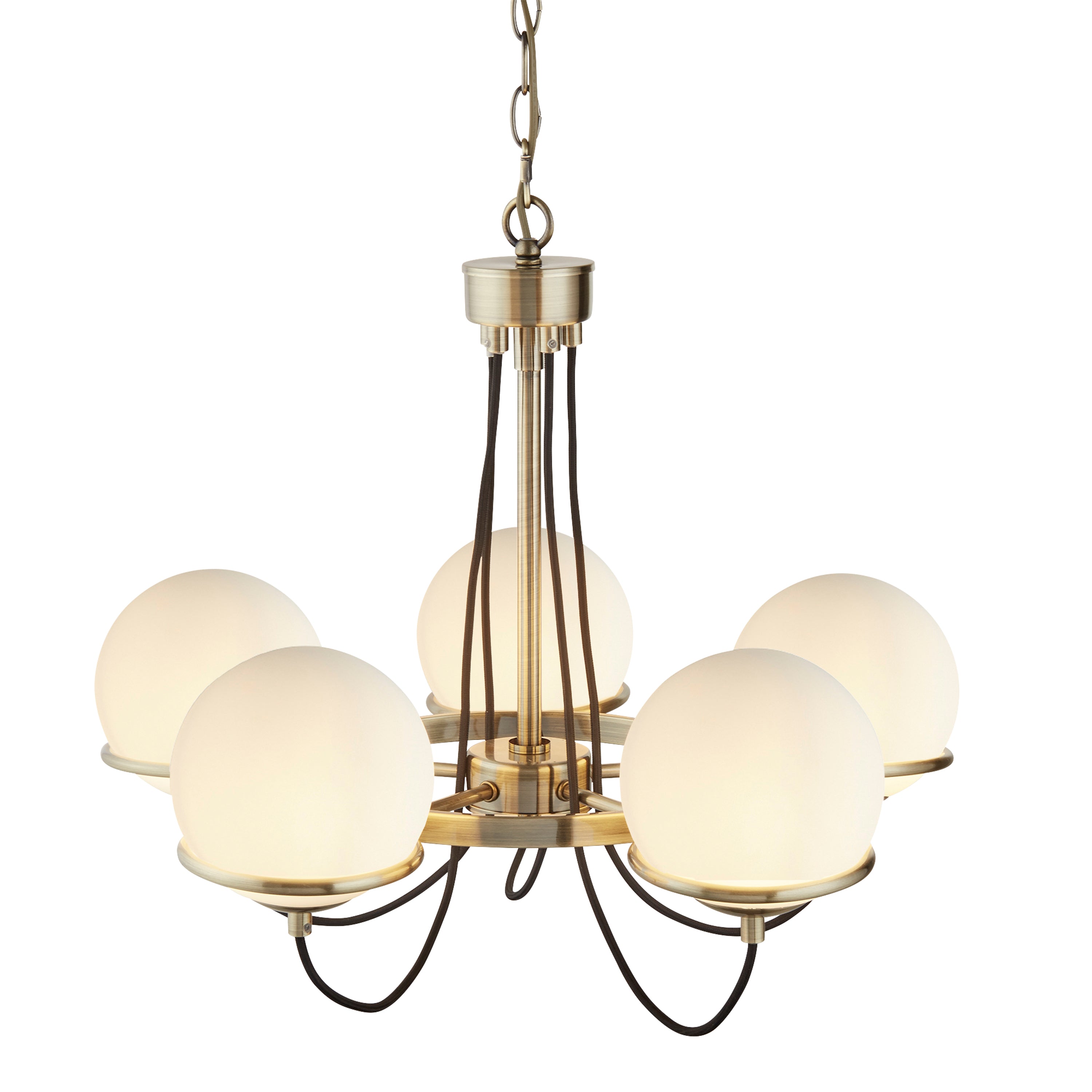 Searchlight Angela Antique Brass, 5 Light Pendant, Black Braided Cable, Opal Glass, Adjustable