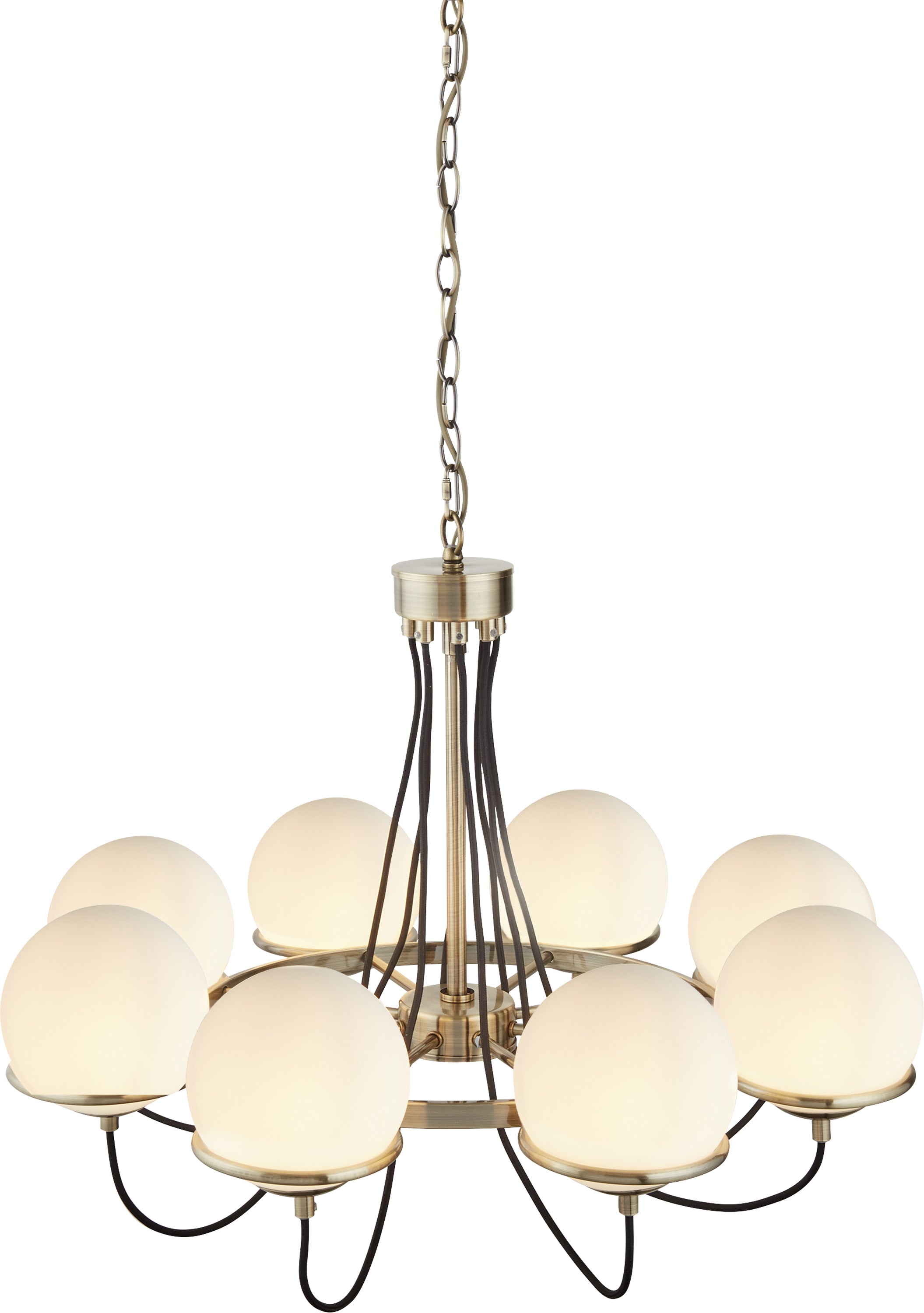 Searchlight Angela Antique Brass, 8 Light Pendant, Black Braided Cable, Opal Glass, Adjustable