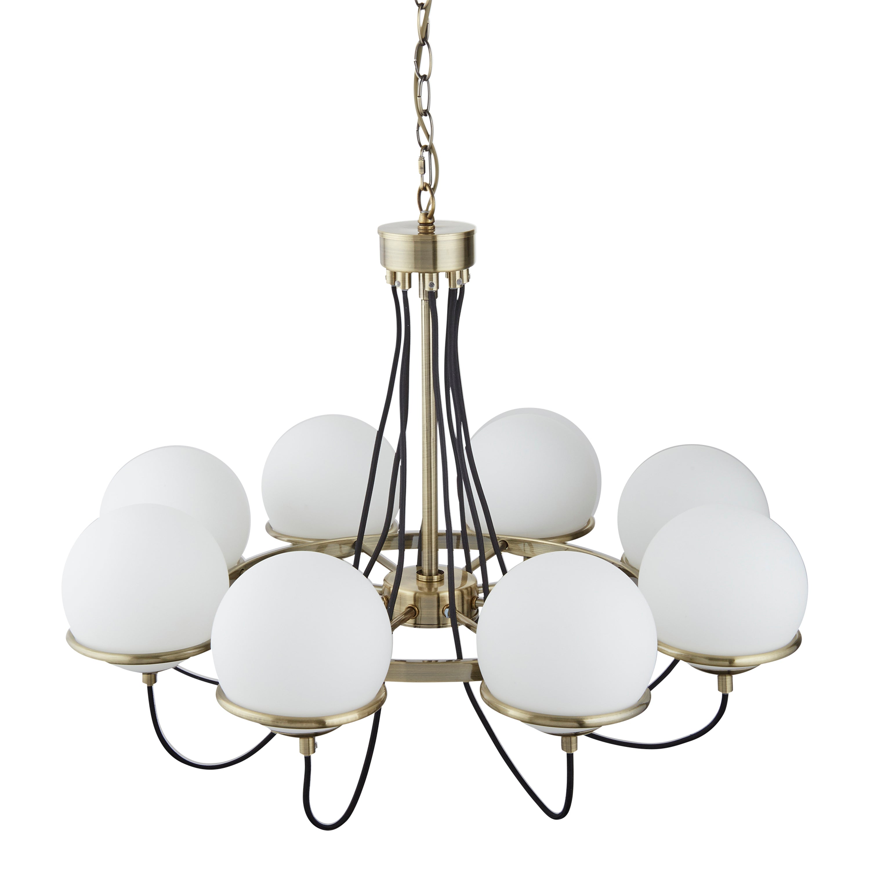 Searchlight Angela Antique Brass, 8 Light Pendant, Black Braided Cable, Opal Glass, Adjustable