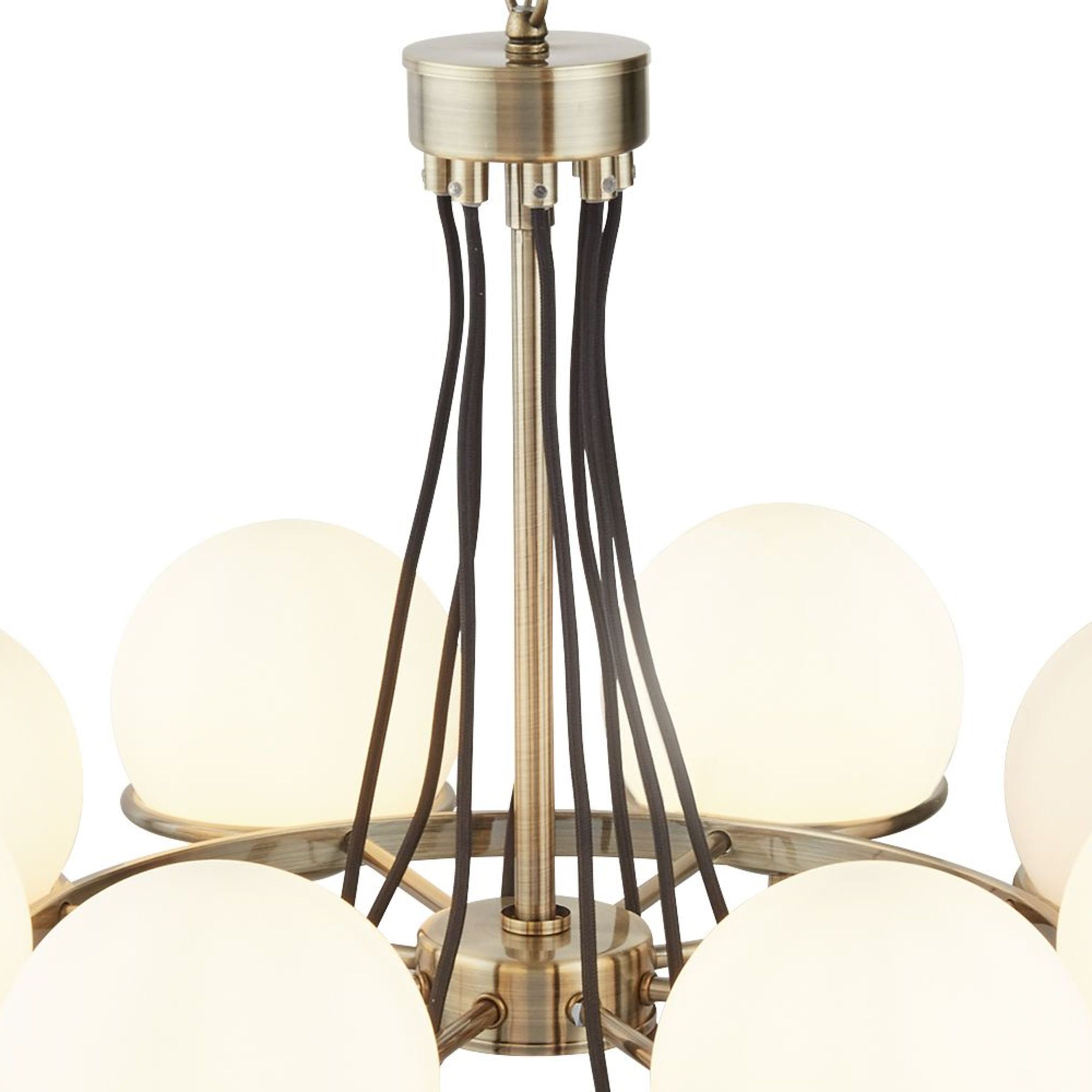 Searchlight Angela Antique Brass, 8 Light Pendant, Black Braided Cable, Opal Glass, Adjustable