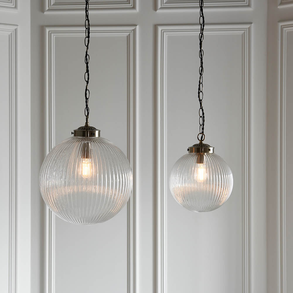 Endon Brydon Single Light Pendant 250mm - Antique Brass Plate & Clear Ribbed Glass