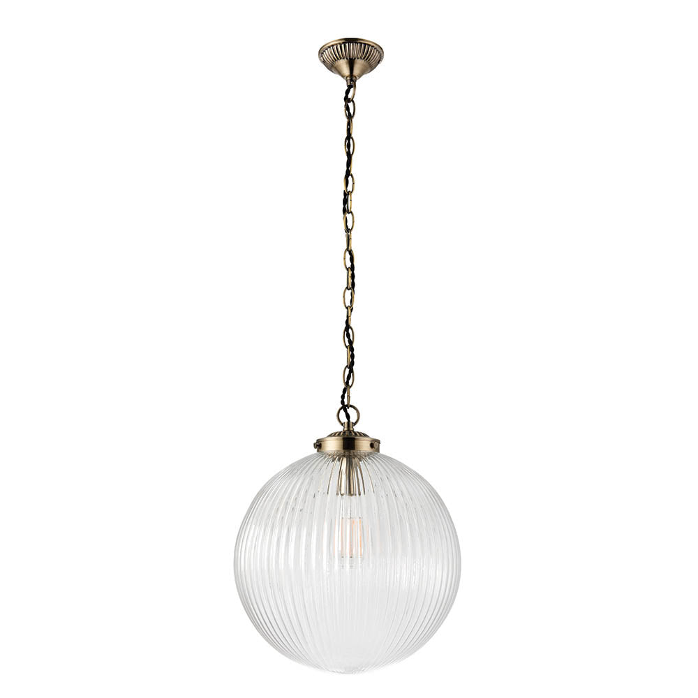 Endon Brydon Single Light Pendant 350mm - Antique Brass Plate & Clear Ribbed Glass