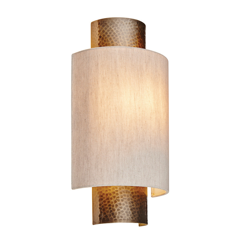 Endon Indara Single Light Wall Light  - Hammered Bronze Plate & Neutral Linen Mix Fabric