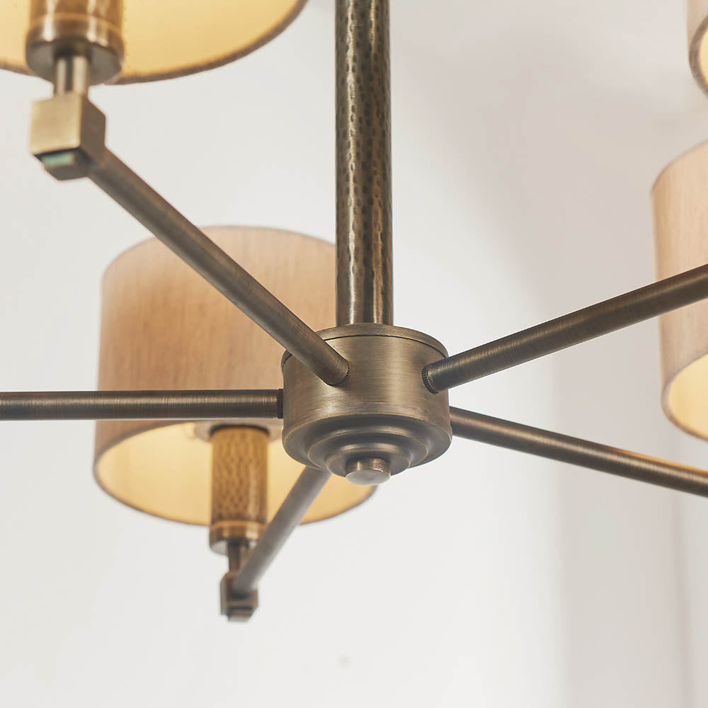 Endon Indara 5 Light Pendant - Hammered Bronze Plate & Neutral Linen Mix Fabric