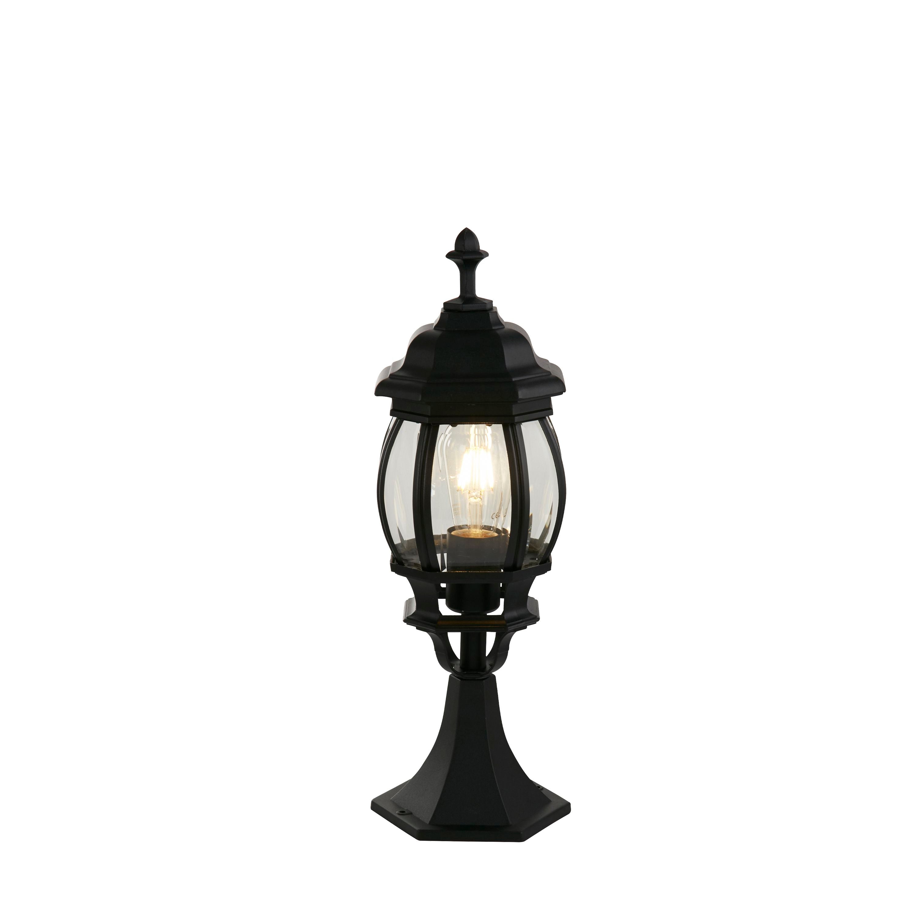 Searchlight Bel Aire Outdoor Post 500mm in matt black finish on a plain white background, faceted clear glass lantern head with a warm bulb glowing inside