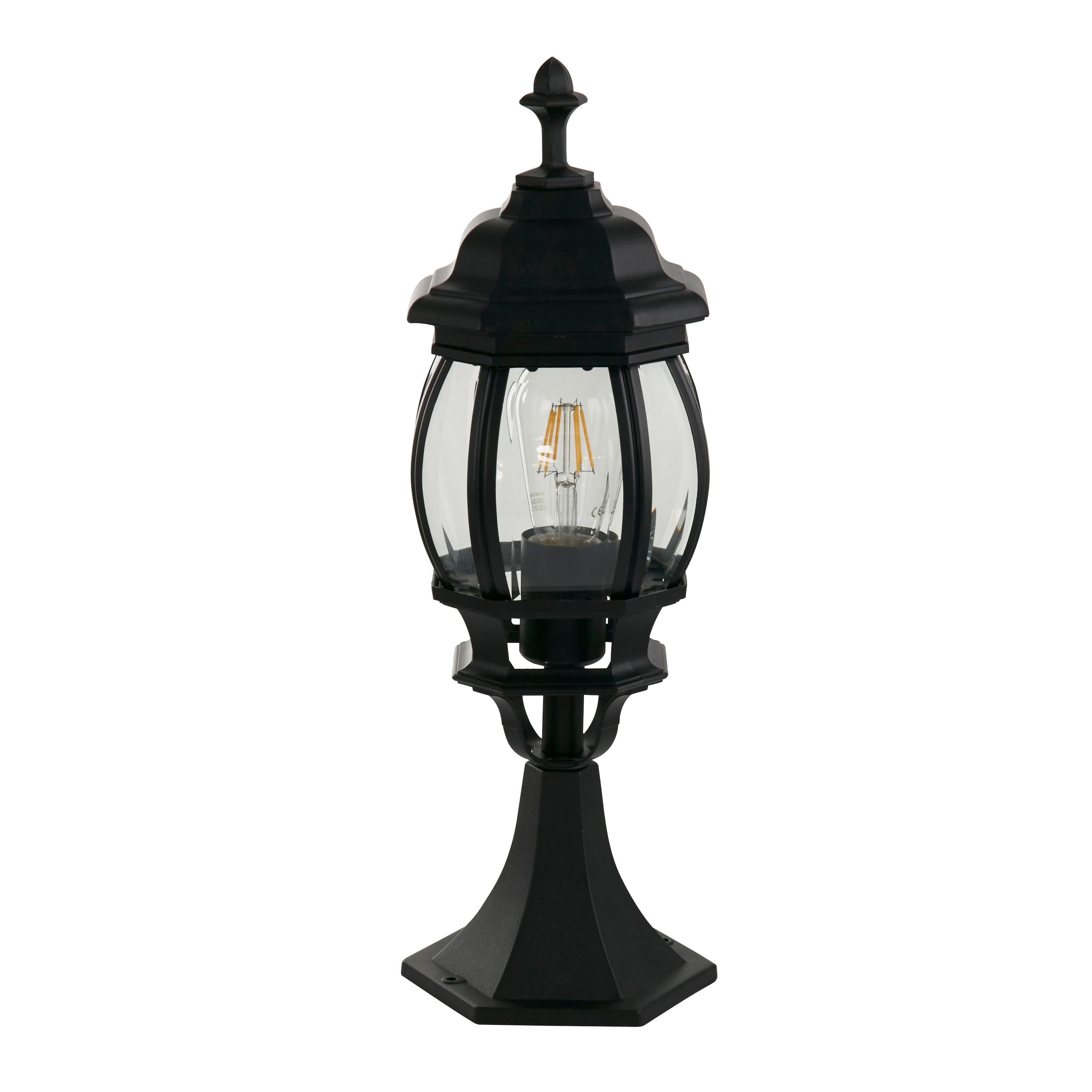 Searchlight Bel Aire Outdoor Post 500mm shown front on, matt black finish with clear glass panels and a visible filament LED style bulb inside