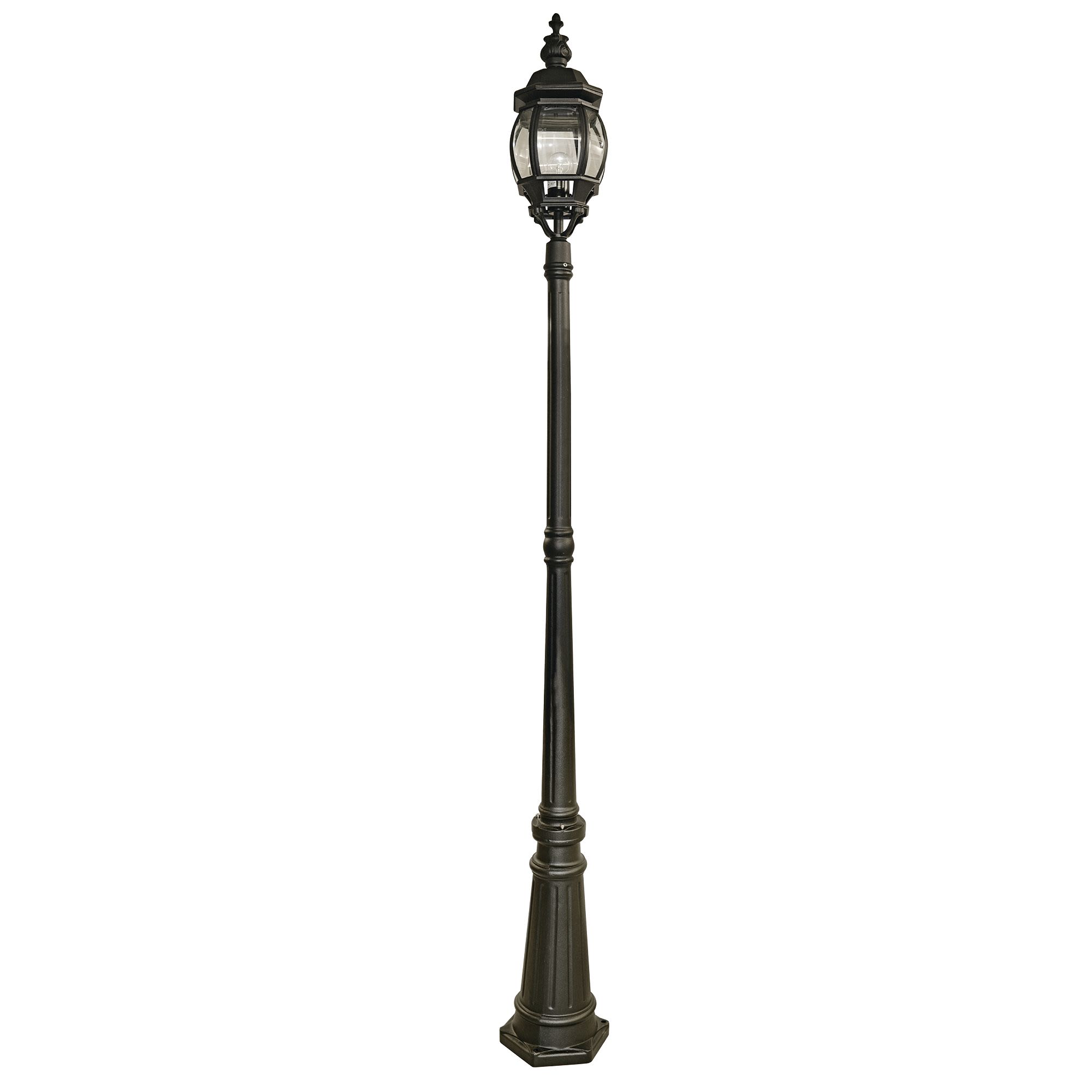 Searchlight Bel Aire 221cm Outdoor Post, full height studio shot on a plain white background, silk black finish with a faceted clear glass lantern head