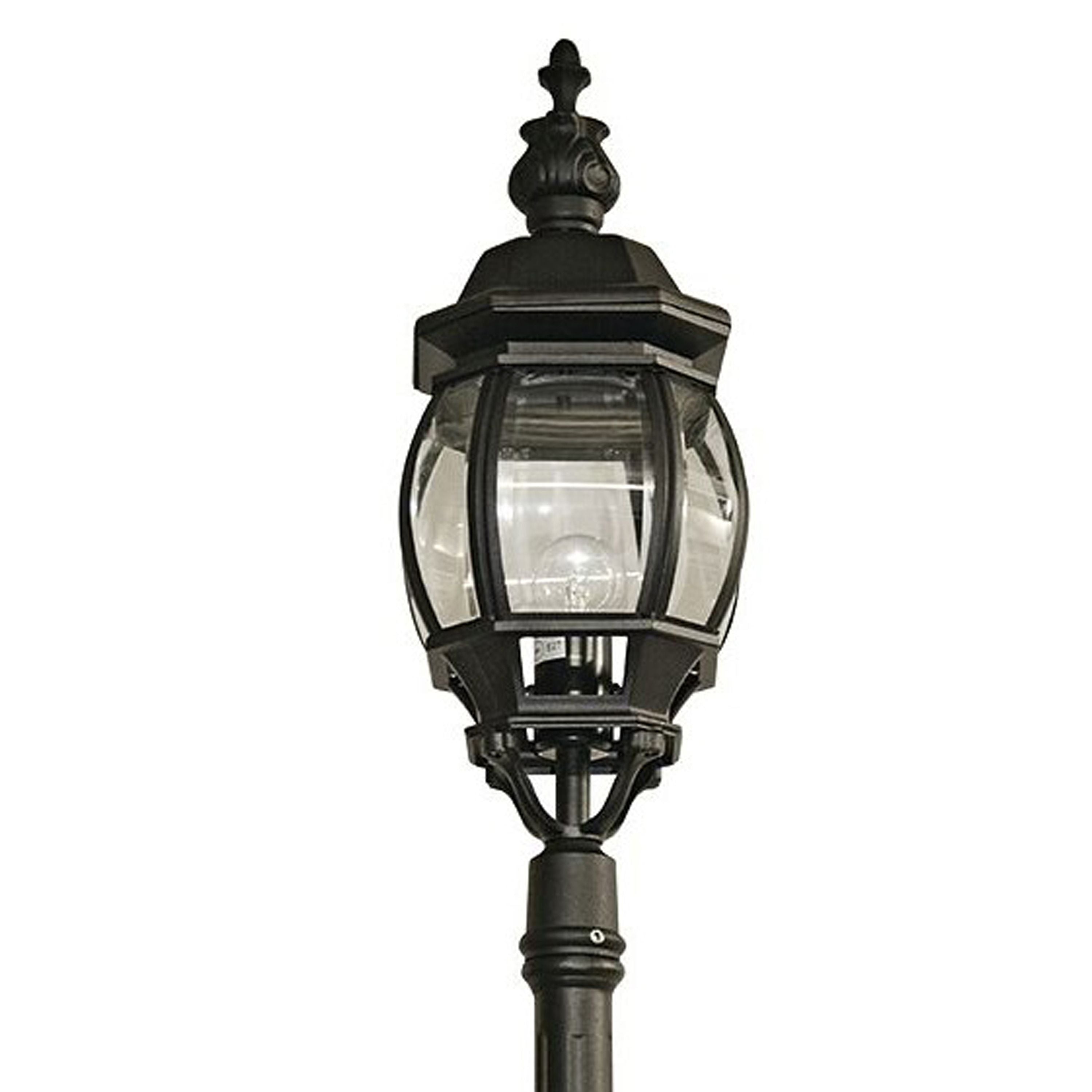 Close up of the Bel Aire 221cm Outdoor Post's lantern head from below, showing the faceted clear glass, decorative finial and silk black finish