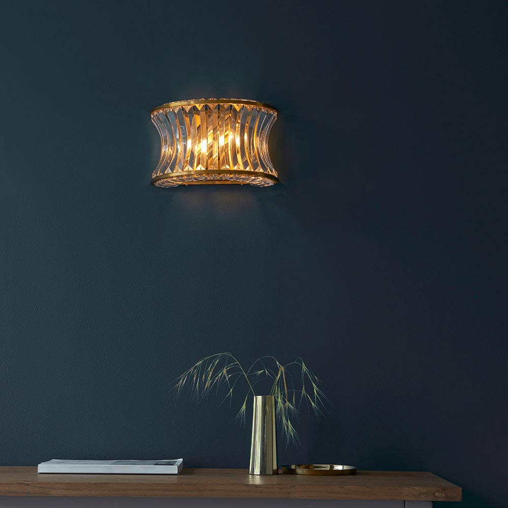 Utopia Bow 2 Light Wall Light - Warm Brass Plate with Crystal & Clear Glass