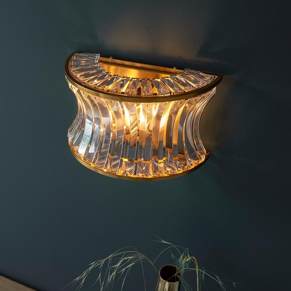 Utopia Bow 2 Light Wall Light - Warm Brass Plate with Crystal & Clear Glass