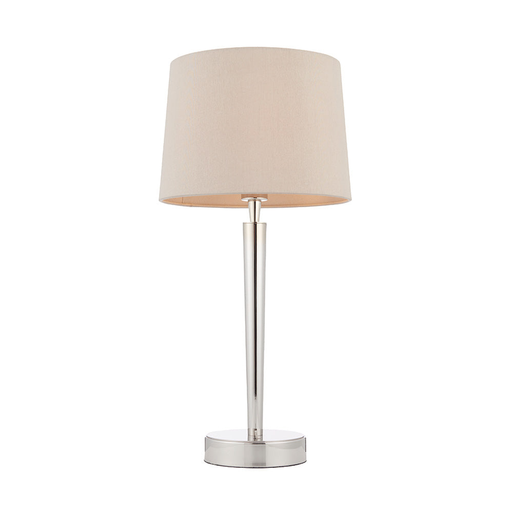 Endon Syon Single Light USB Table Lamp - Bright Nickel Plate & Mink Fabric