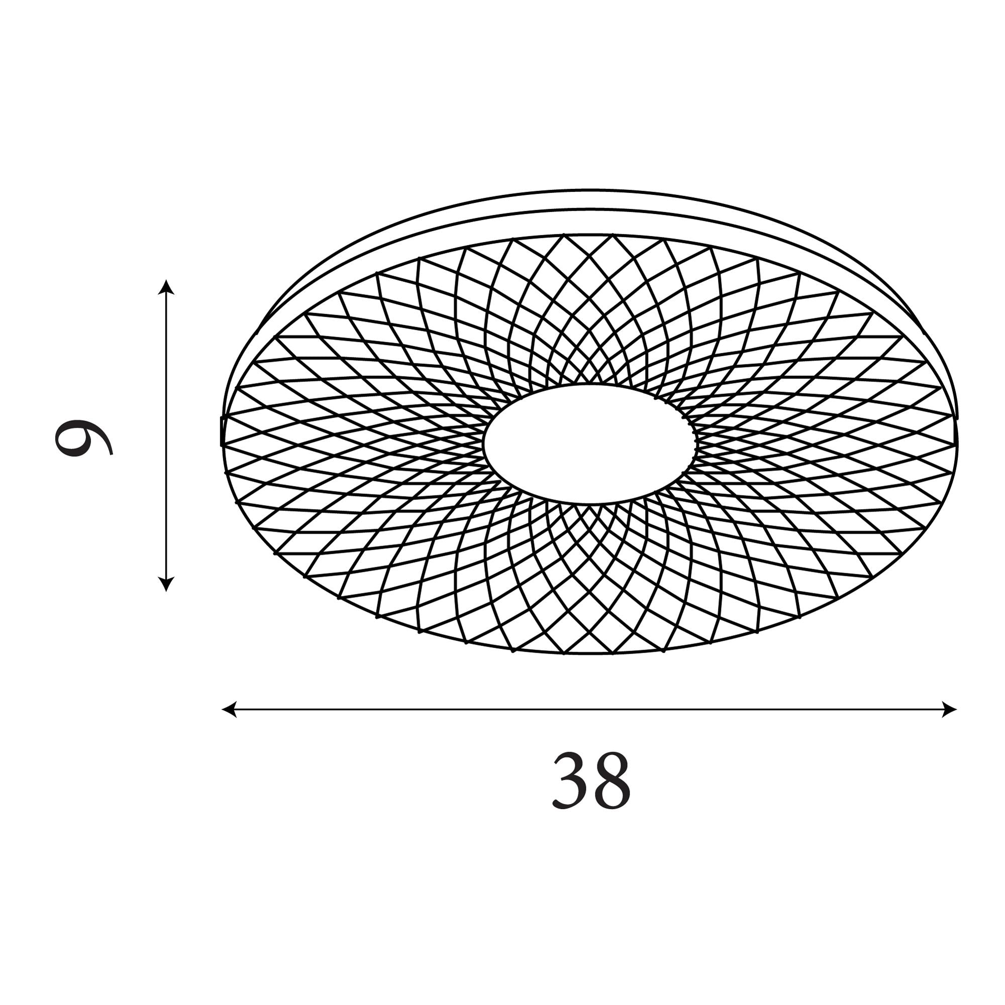Technical line drawing of the Halolux LED flush ceiling light showing dimensions of 38cm width and 6cm height