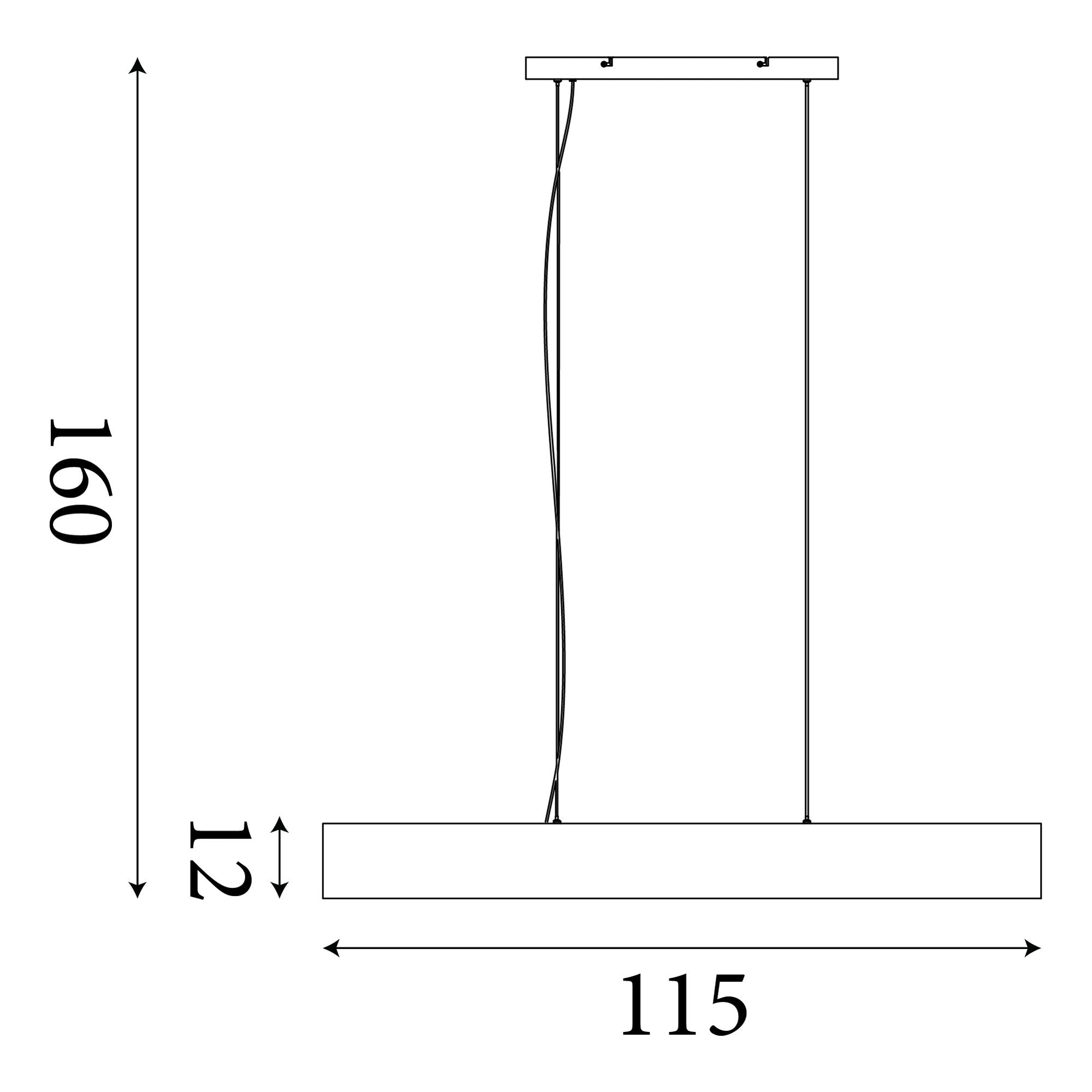 Technical line drawing of the Ash pendant showing dimensions of 160cm drop, 115cm length and 12cm depth